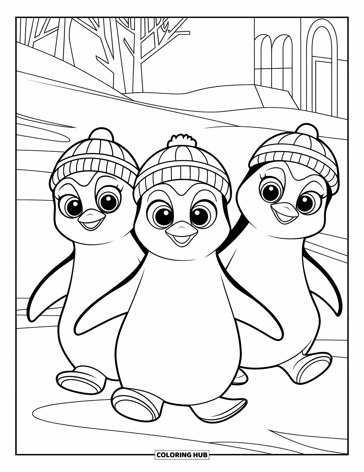 Penguin Coloring Page for Kids: Three penguins in hats explore a snowy landscape near a cozy building
