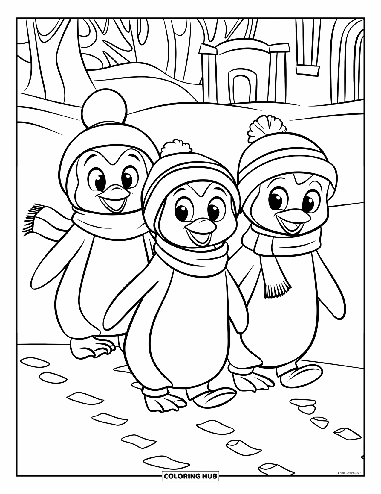 Penguin Coloring Page for Kids: Three penguins in scarves waddle together through the snow