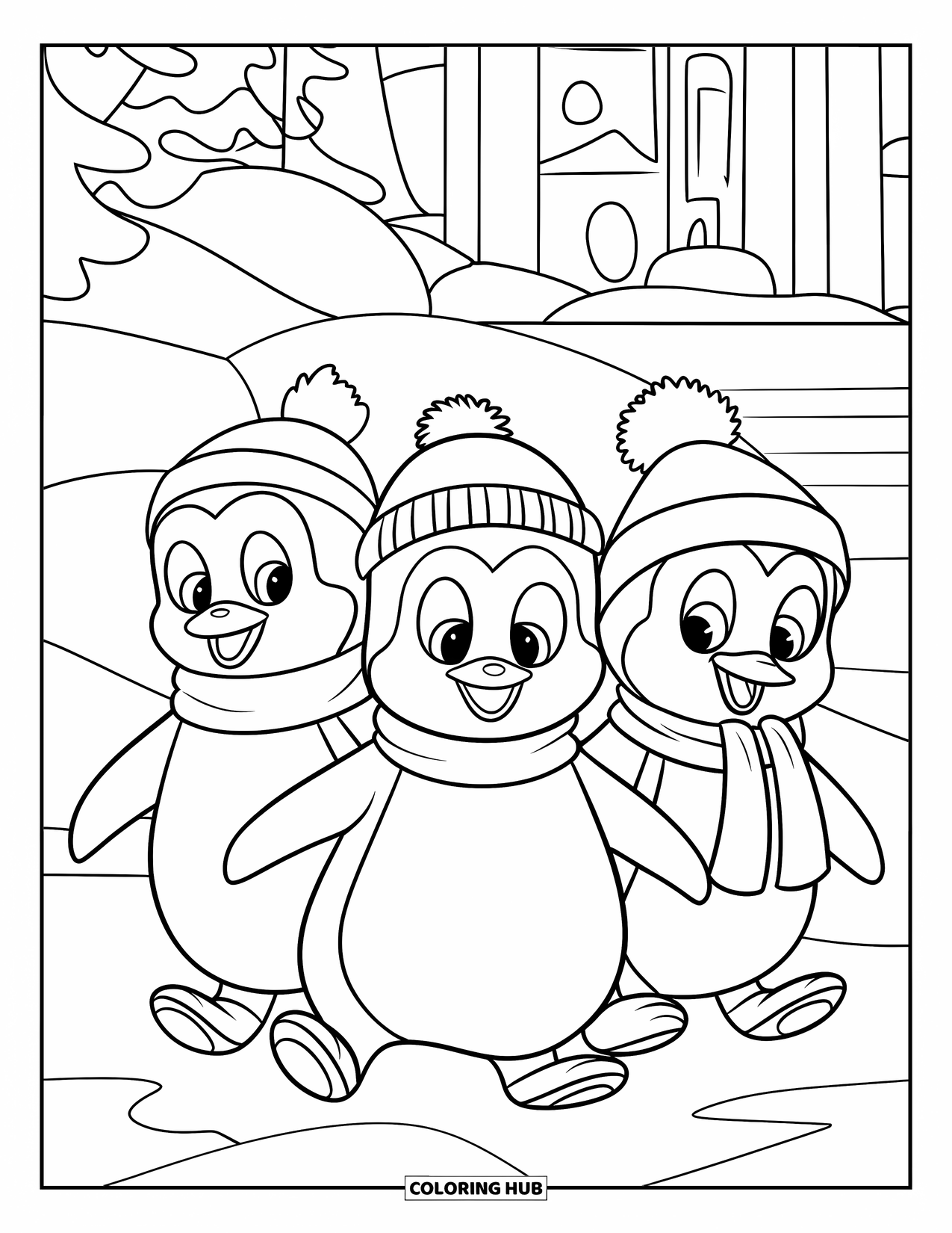 Penguin Coloring Page for Kids: Three penguins march through the snow, leaving footprints behind