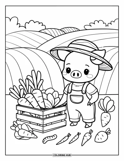 Dibujo de cerdos para colorear para adultos: Un cerdito alegre sostiene una zanahoria junto a una caja de verduras