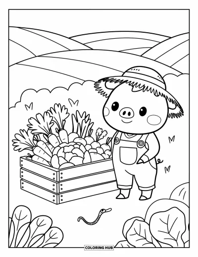 Dibujo de cerdos para colorear para adultos: Un cerdito granjero junto a una caja de verduras frescas con un gusanito cerca