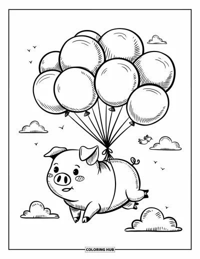 Dibujo de cerdos para colorear para adultos: Un cerdo volador sujeto a globos gigantes flota entre nubes esponjosas