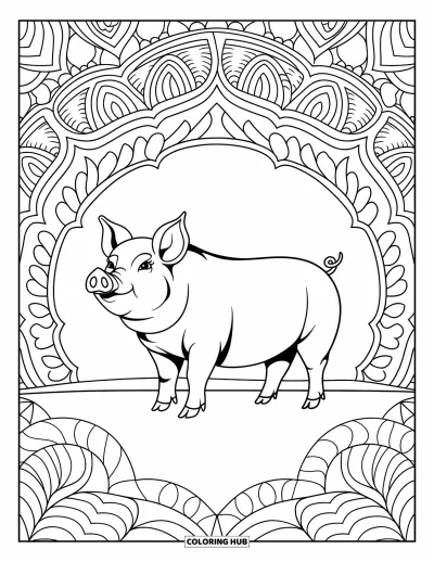 Dibujo de cerdos para colorear para adultos: Un cerdo majestuoso está en una granja detallada con espirales artísticas y patrones