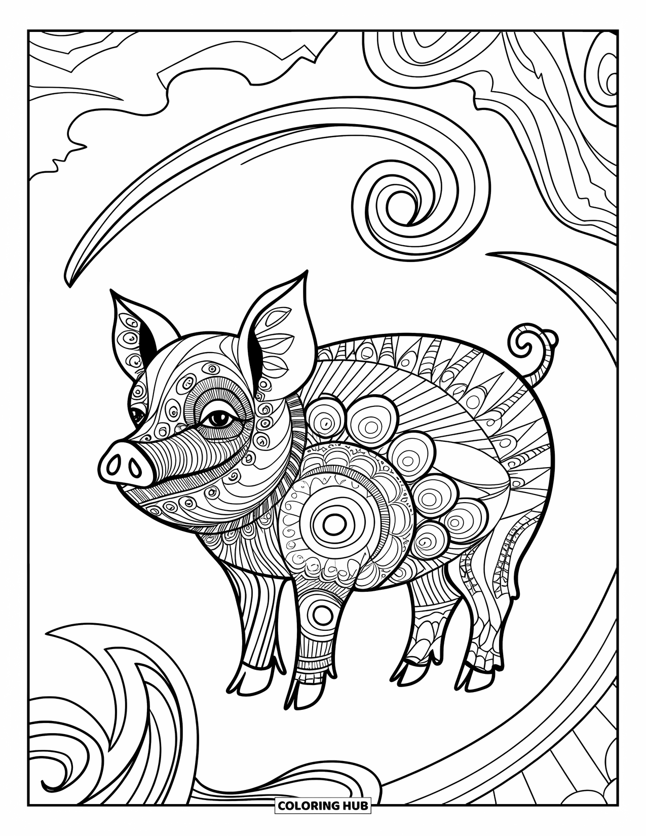 Pig Coloring Page for Adults: A patterned pig sits in a sea of swirling zentangle designs and abstract shapes