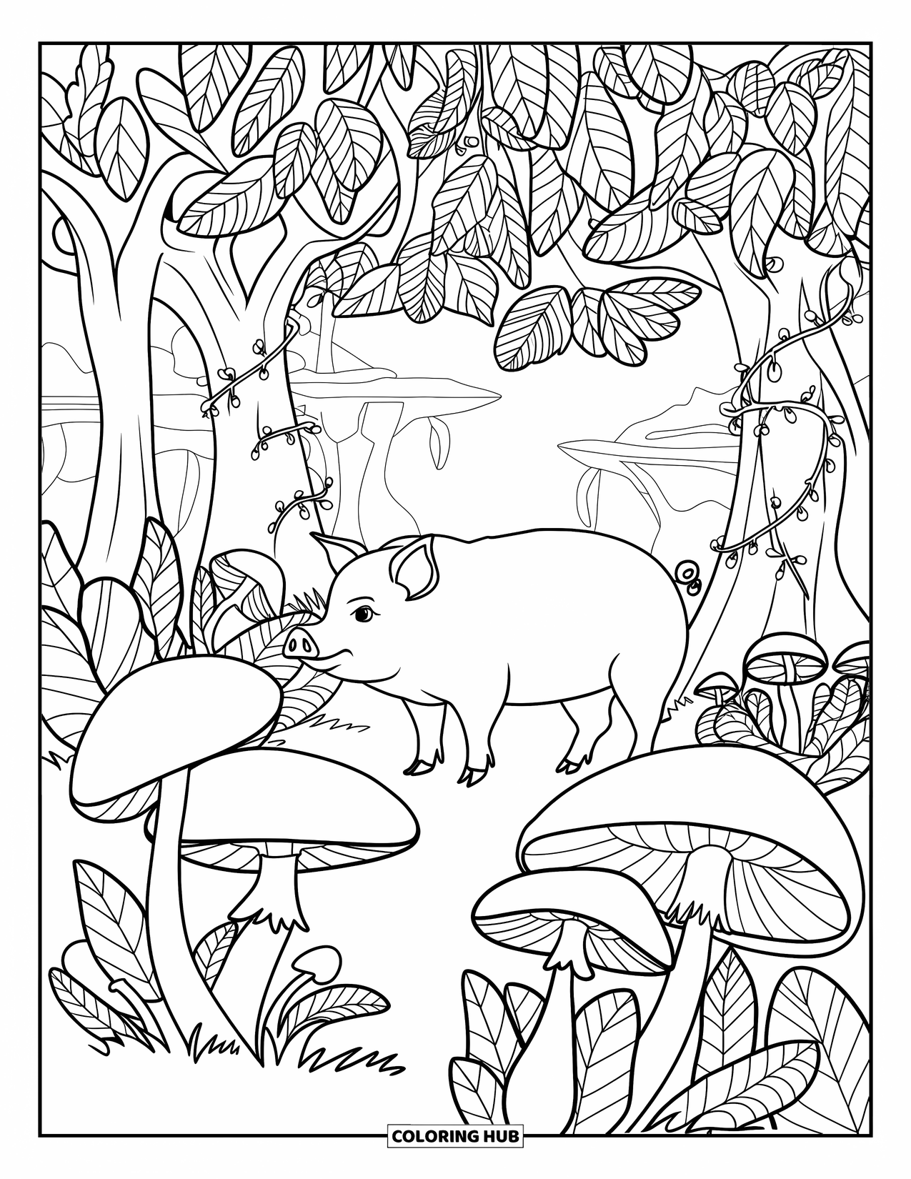 Pig Coloring Page for Adults: A pig explores a dense, magical forest with oversized mushrooms and hanging vines