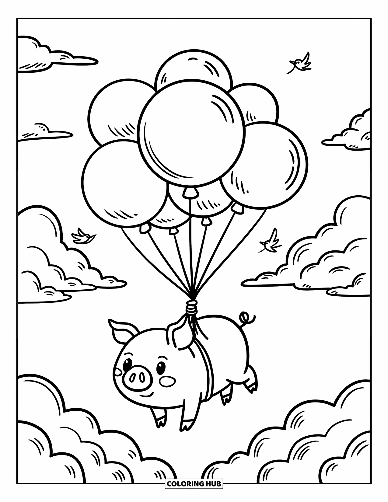 Pig Coloring Page for Adults: A pig floating in the sky, carried by a bunch of big balloons
