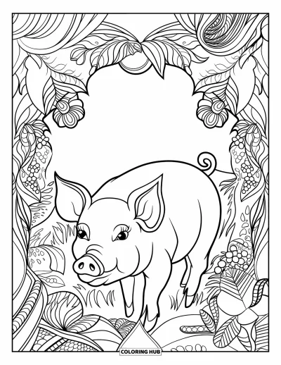 Dibujo de cerdos para colorear para adultos: Un cerdo en un jardín mágico lleno de flores delicadas, enredaderas y elementos decorativos