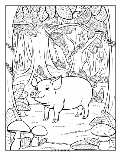 Dibujo de cerdos para colorear para adultos: Un cerdo en un bosque intrincado con hongos y enredaderas, rodeado de islas flotantes