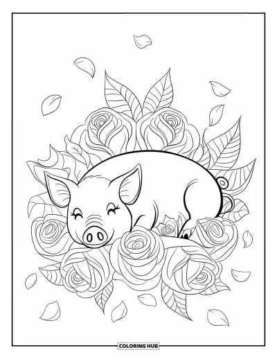 Dibujo de cerdos para colorear para adultos: Un cerdo yace de lado, rodeado de rosas intrincadas y pétalos dispersos