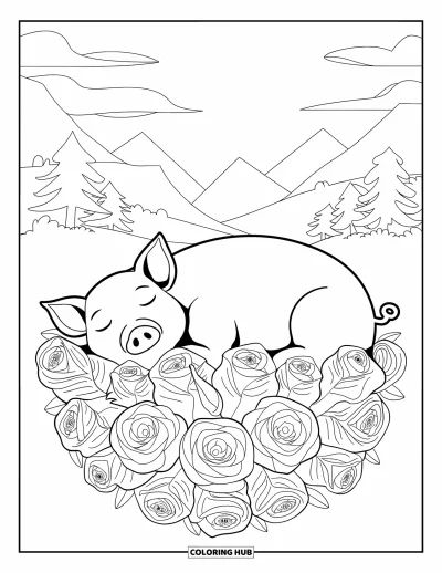 Dibujo de cerdos para colorear para adultos: Un cerdo descansa entre rosas bellamente detalladas en un entorno floral tranquilo