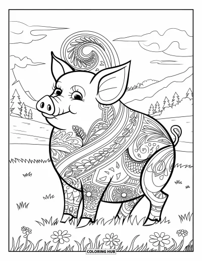 Dibujo de cerdos para colorear para adultos: Un cerdo descansa sobre un campo de hierba, rodeado de patrones paisley ondulantes y flores