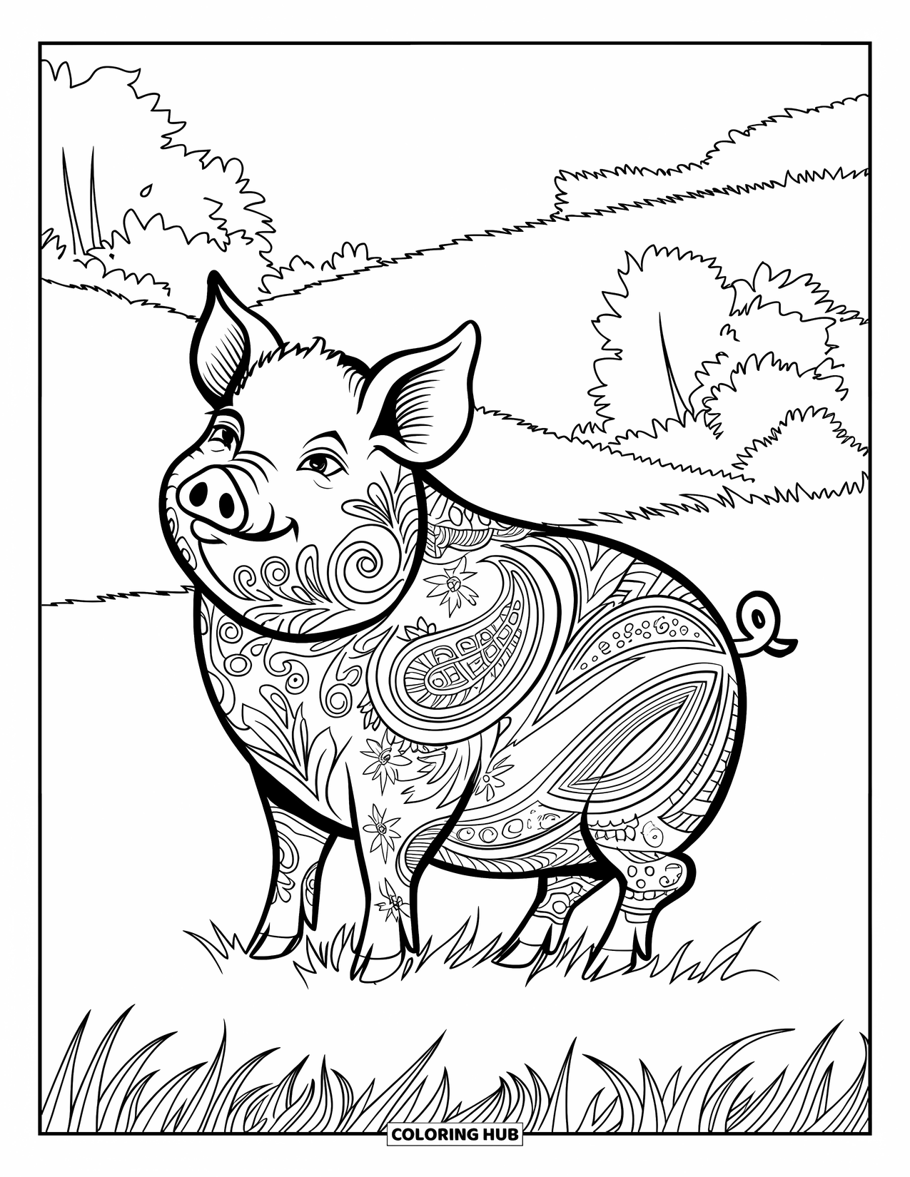 Pig Coloring Page for Adults: A pig sits on a grassy field surrounded by swirling paisley patterns and trees