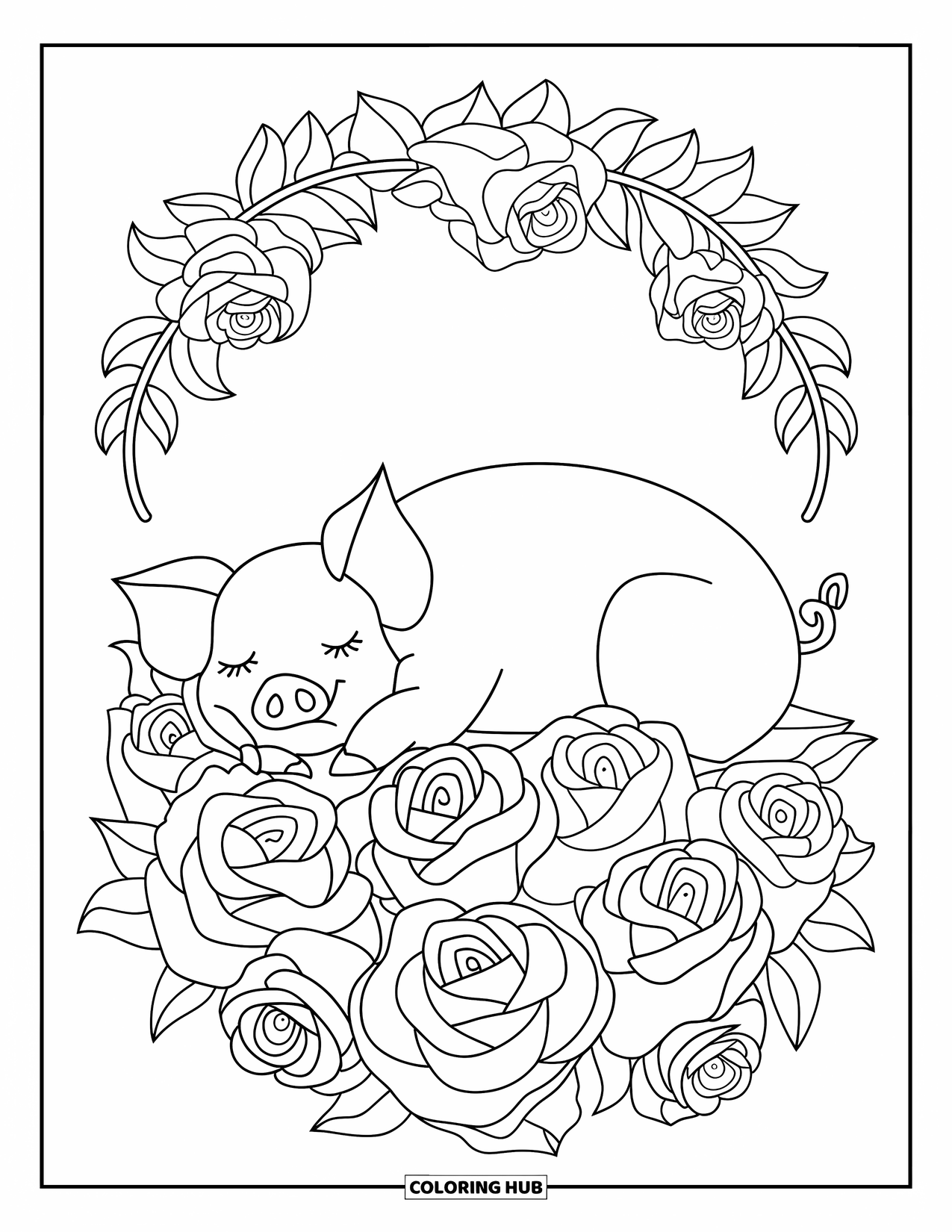 Pig Coloring Page for Adults: A pig sleeps peacefully in a bed of roses arranged in an elegant circular pattern