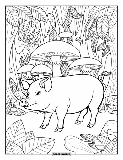 Dibujo de cerdos para colorear para adultos: Un cerdo está en un bosque místico lleno de hongos, enredaderas y hojas detalladas