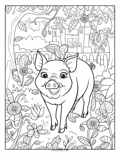 Dibujo de cerdos para colorear para adultos: Un cerdo está en un jardín encantado, rodeado de flores y hojas intrincadas
