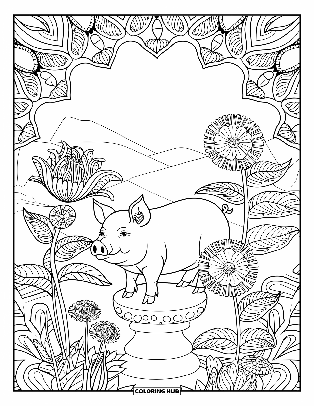 Pig Coloring Page for Adults: A pig stands on a stone pedestal in a floral garden with a mandala-like pattern