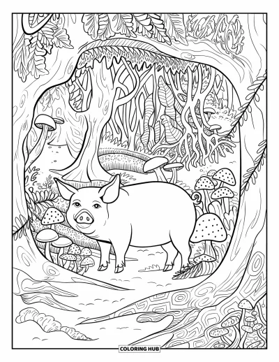 Dibujo de cerdos para colorear para adultos: Un cerdo está sobre suelo cubierto de musgo, rodeado de enredaderas, hojas y hongos