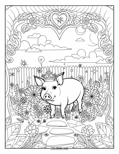 Dibujo de cerdos para colorear para adultos: Un cerdo con corona está en un jardín de fantasía con sendero de piedra y cerca