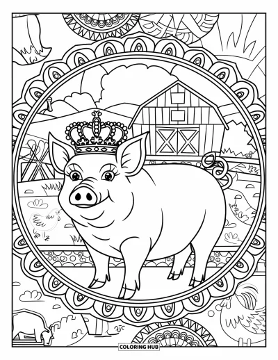 Dibujo de cerdos para colorear para adultos: Un cerdo con corona real está en una escena de granja ornamentada con patrón tipo mandala