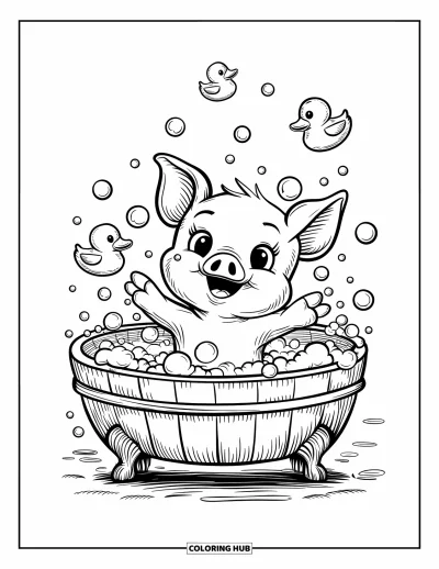 Dibujo de cerdos para colorear para adultos: Un cerdito disfruta un baño de burbujas con patitos de goma flotando alrededor