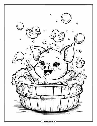 Dibujo de cerdos para colorear para adultos: Un cerdito se baña feliz en una tina de madera mientras burbujas flotan en el aire