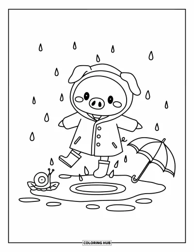 Dibujo de cerdos para colorear para adultos: Un cerdito con impermeable salta con alegría en un charco mientras caen gotas de lluvia
