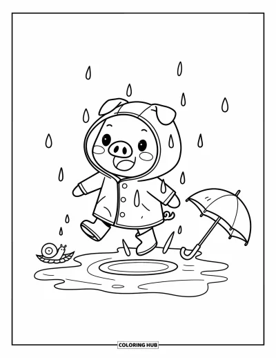 Dibujo de cerdos para colorear para adultos: Un cerdito con botas salpica en un charco con un caracolito cerca