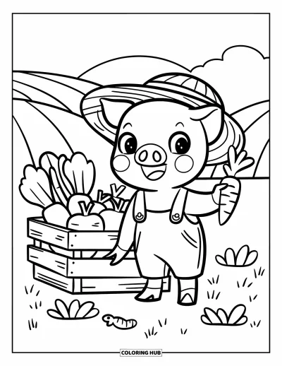 Dibujo de cerdos para colorear para adultos: Un cerdito con overol y sombrero de paja sostiene una zanahoria junto a una caja de verduras