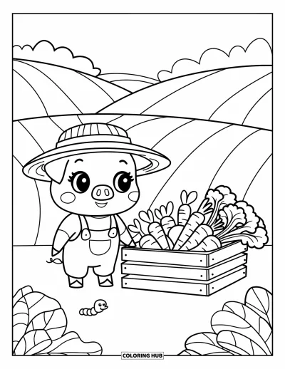 Dibujo de cerdos para colorear para adultos: Un cerdito con overol de pie junto a una caja llena de verduras de la granja