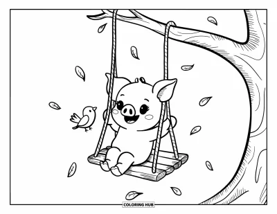 Dibujo de cerdos para colorear para adultos: Un cerdito se columpia feliz desde un árbol mientras un pajarito se posa cerca
