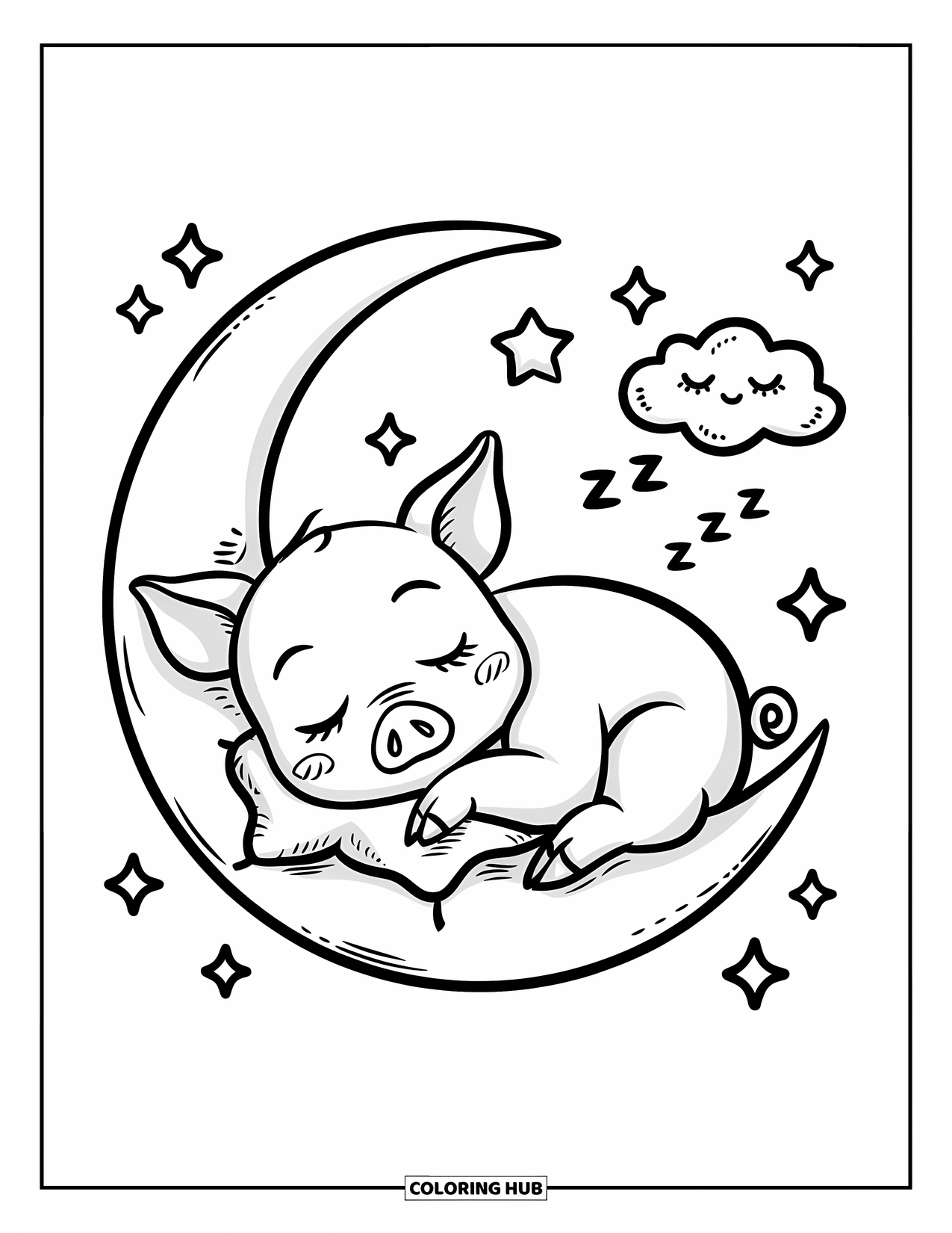 Pig Coloring Page for Adults: A piglet peacefully sleeping on a crescent moon, cuddling a star-shaped pillow