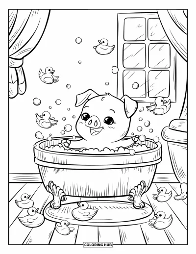Dibujo de cerdos para colorear para adultos: Un cerdito salpica en una tina de madera llena de burbujas y pequeños patitos de goma