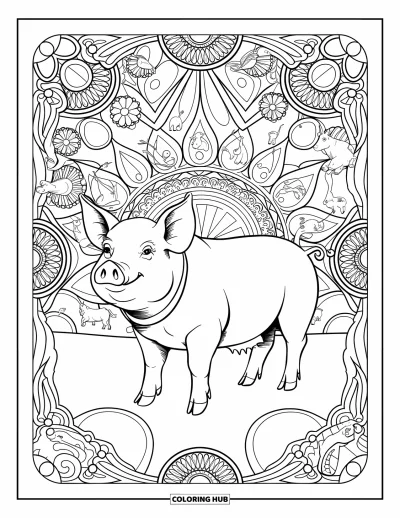 Dibujo de cerdos para colorear para adultos: Un cerdo majestuoso en una escena de granja con estampados, rodeado de espirales, animales y detalles florales