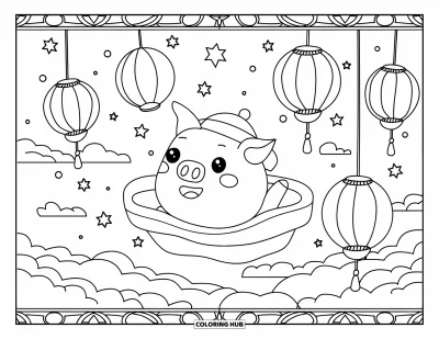 Dibujo de cerdos para colorear para adultos: Un cerdo sonriente flota entre faroles brillantes y estrellas en un cielo nocturno sereno