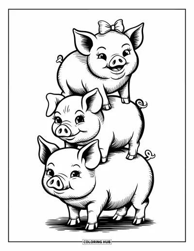 Dibujo de cerdos para colorear para adultos: Una torre tambaleante de tres cerditos, con el de arriba luciendo victorioso