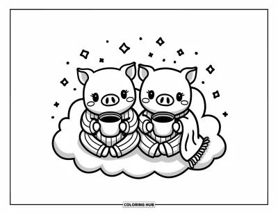 Dibujo de cerdos para colorear para adultos: Cerditos con pijamas calentitos disfrutan chocolate caliente sentados sobre una nube suave