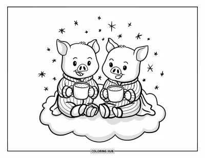 Dibujo de cerdos para colorear para adultos: Cerditos relajados en una nube con cacao caliente, rodeados de estrellas brillantes