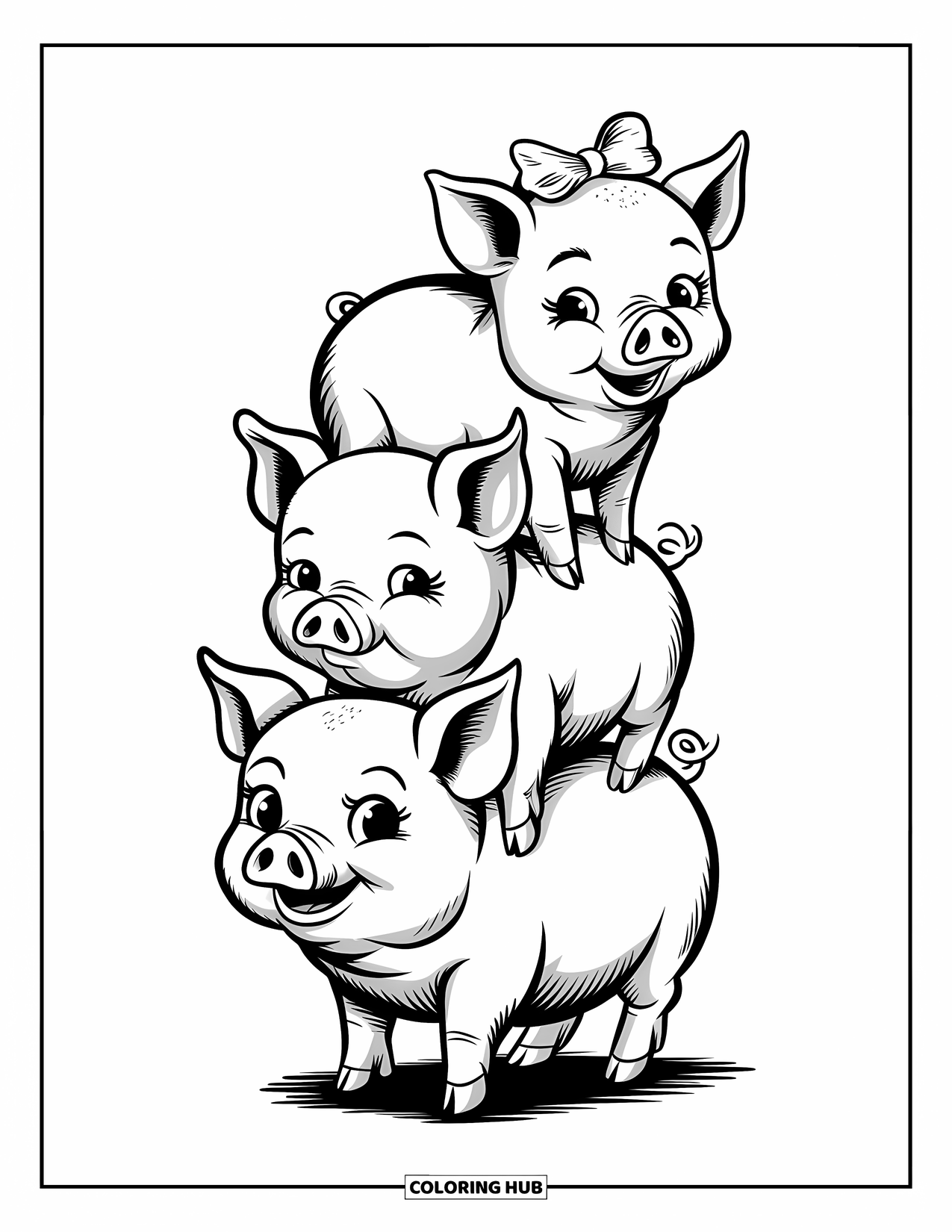 Pig Coloring Page for Adults: Three piglets balancing on each other, each with a unique and playful expression