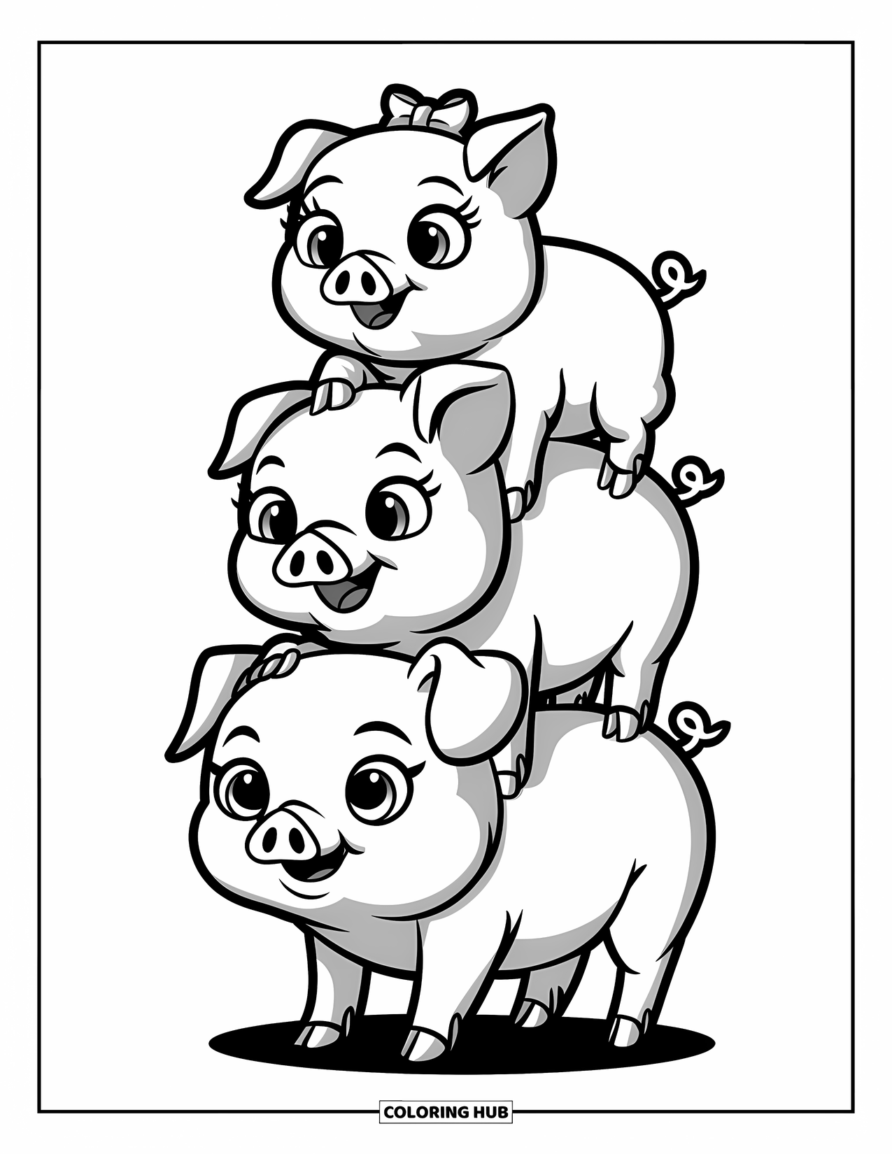 Pig Coloring Page for Adults: Three playful piglets stacked on top of each other, with the top one wearing a bow
