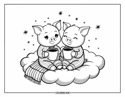 Dibujo de cerdos para colorear para adultos: Dos cerditos en pijama toman chocolate caliente en una nube esponjosa bajo un cielo estrellado