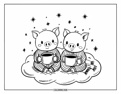 Dibujo de cerdos para colorear para adultos: Dos cerditos envueltos en una manta beben chocolate caliente sobre una nube flotante