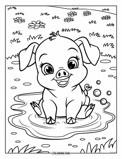 Dibujo de cerdos para colorear para niños: Un cerdito sentado feliz en un charco de barro con flores alrededor