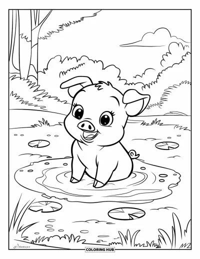 Dibujo de cerdos para colorear para niños: Un cerdito jugando en el barro con nenúfares flotando en el agua