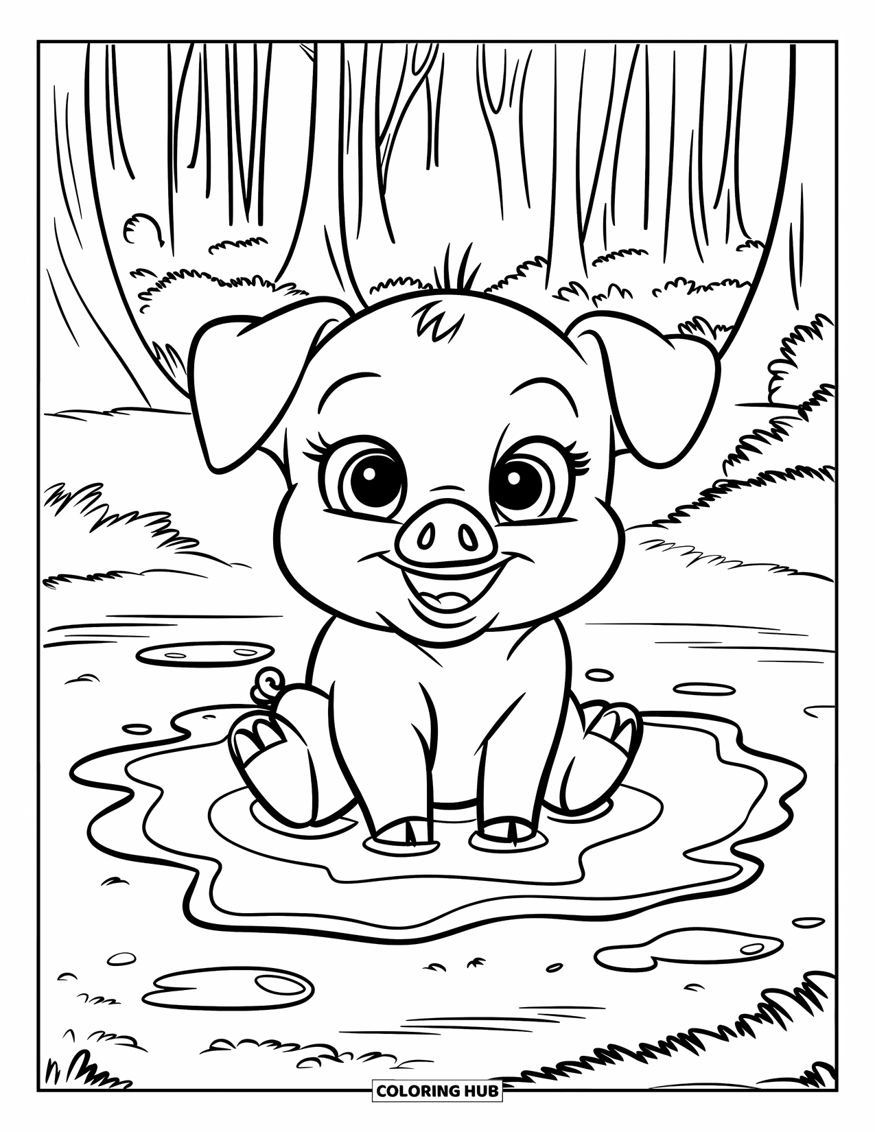 Pig Coloring Page for Kids: A baby pig sitting in a muddy puddle, surrounded by scattered mud clumps