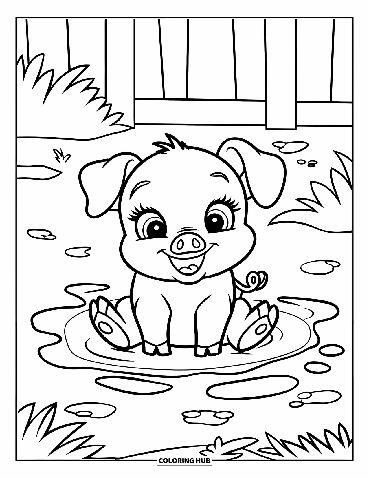 Pig Coloring Page for Kids: A baby pig with floppy ears sitting in mud, leaving footprints nearby