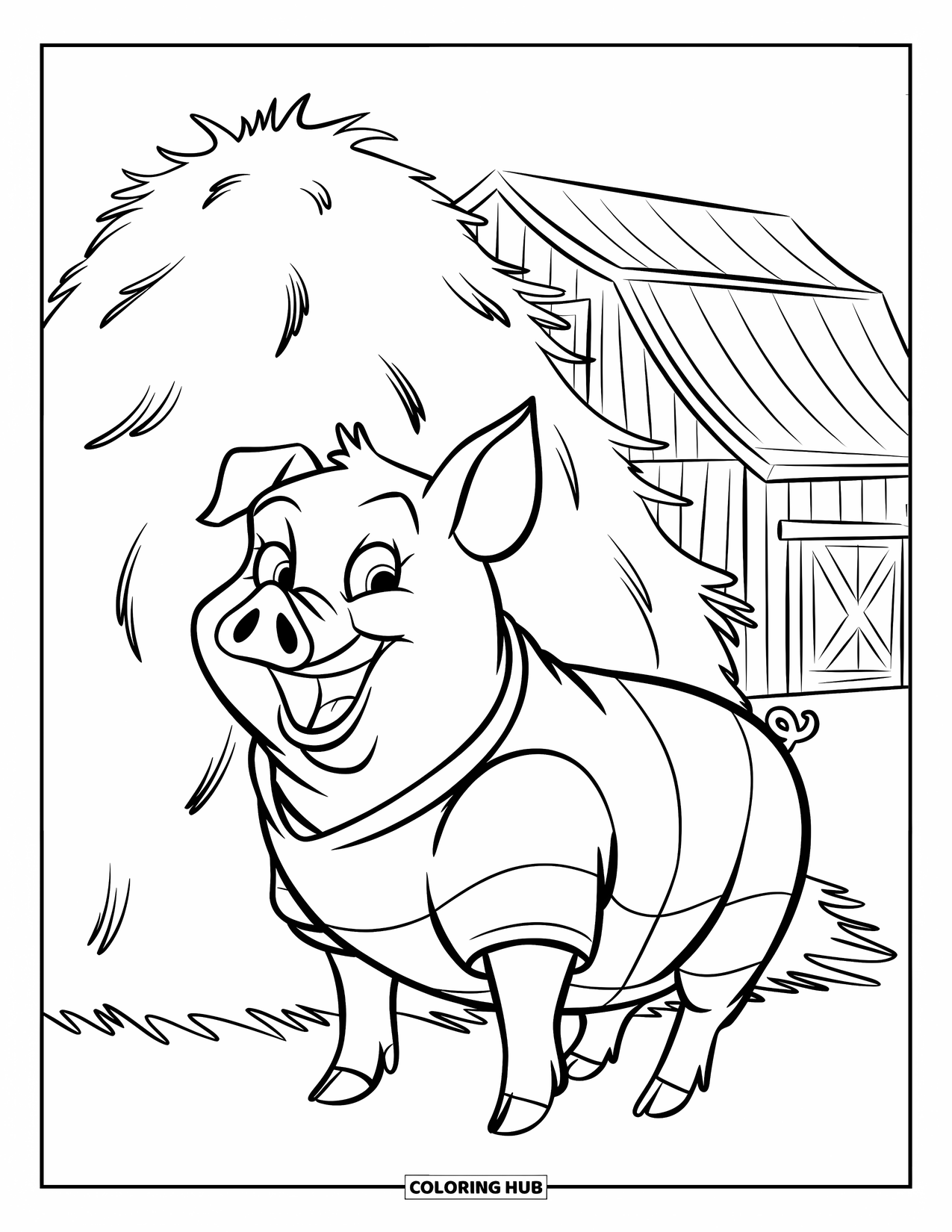 Pig Coloring Page for Kids: A cheerful pig in a striped shirt standing by a haystack and barn