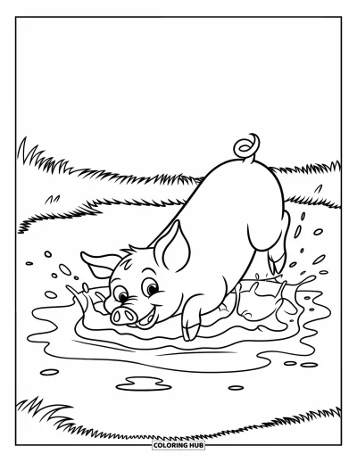 Dibujo de cerdos para colorear para niños: Un cerdo alegre salpica en un charco de barro en un campo verde y frondoso