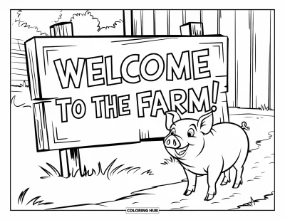Dibujo de cerdos para colorear para niños: Un cerdo alegre junto a un cartel de madera 