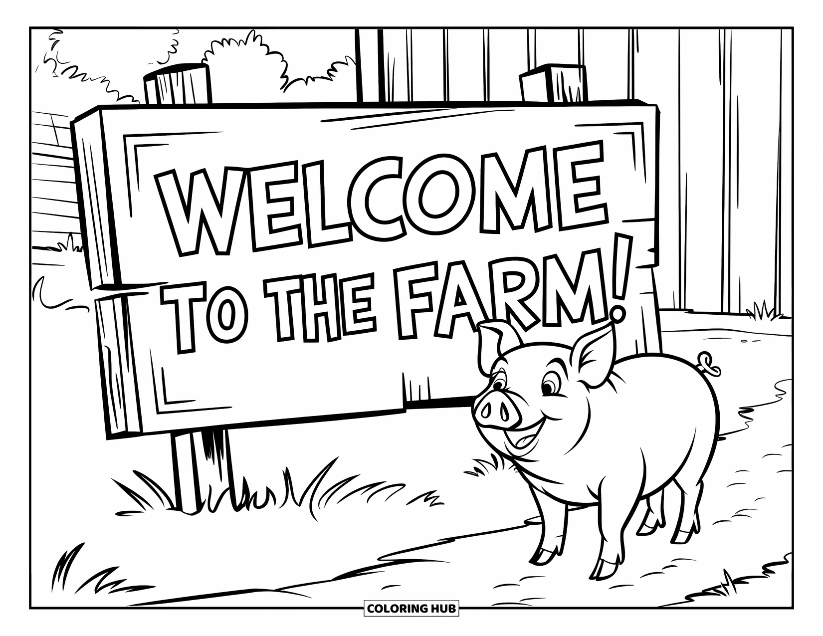 Pig Coloring Page for Kids: A cheerful pig stands by a wooden "Welcome to the Farm!" sign with a barn behind