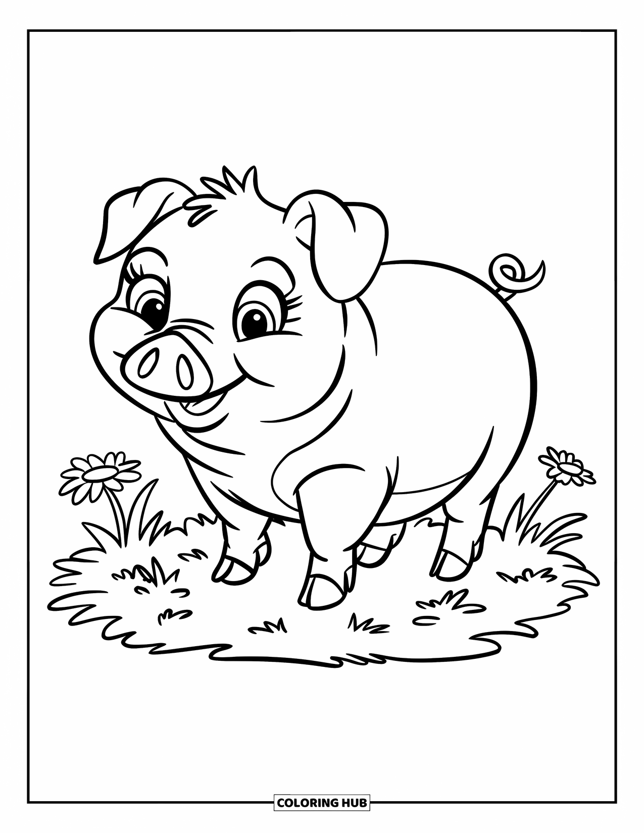 Pig Coloring Page for Kids: A cute pig with a curly tail standing on a grassy patch with daisies